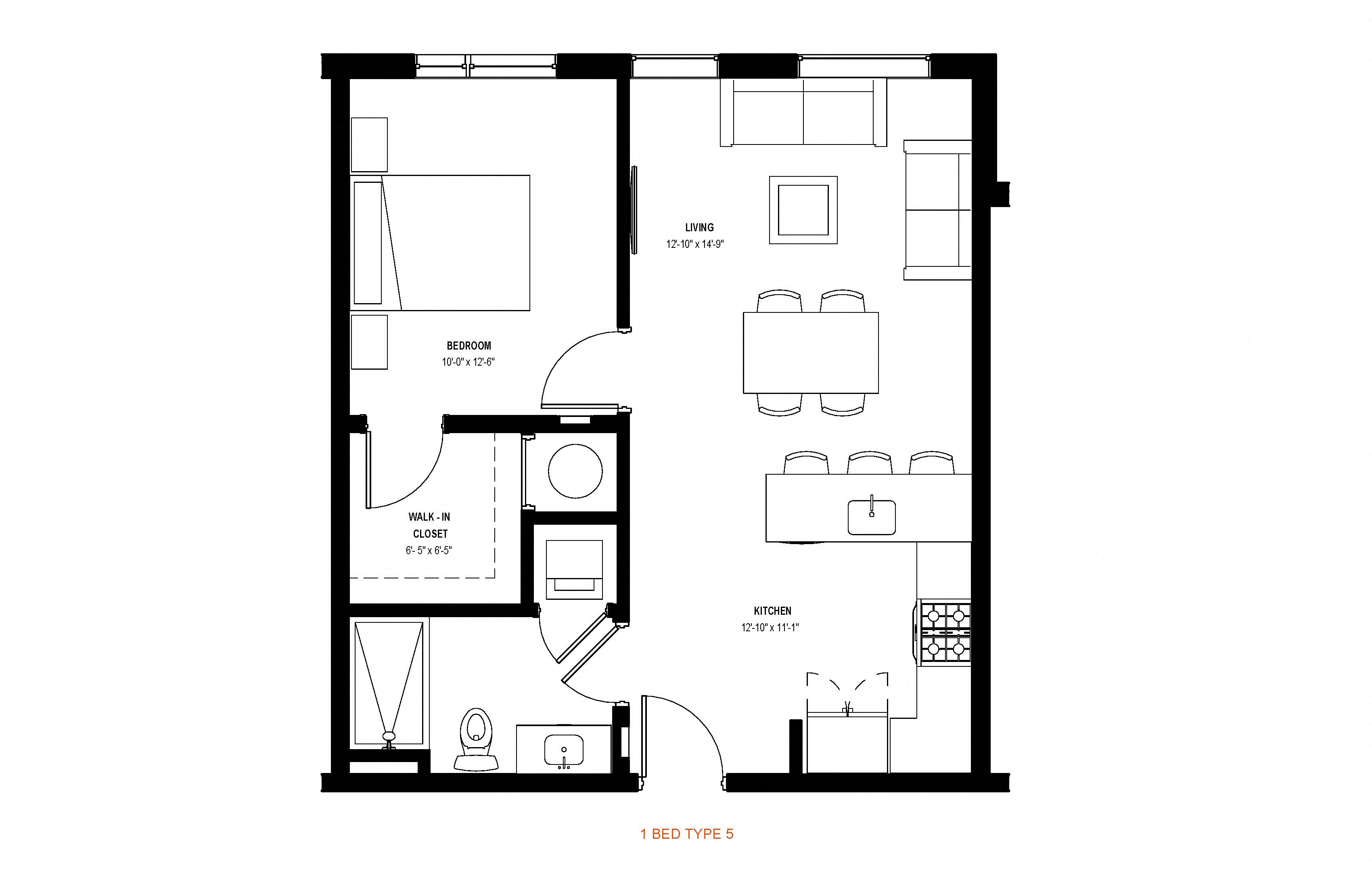 Floor plan for 1 bed, 1 bath, 649 sqft